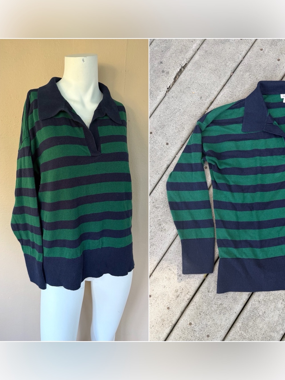 Vintage Striped Rugby Knit Sweater - Green & Navy Stripe Polo Shirt